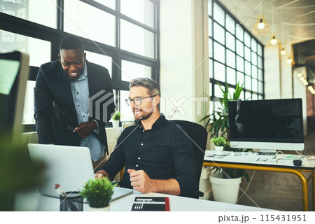 Laptop, people and office in team for project at workplace, business or company for collaboration. Group, diversity and brainstorm for corporate with tech for planning or development as colleagues 115431951