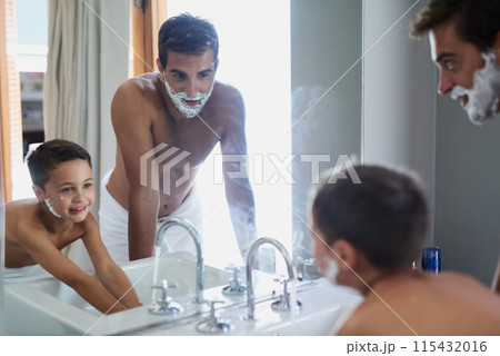 Bathroom, self care and father shaving with kid for hygiene, grooming and health routine. Bonding, child development and boy learning razor facial epilation treatment with dad for wellness at home. 115432016