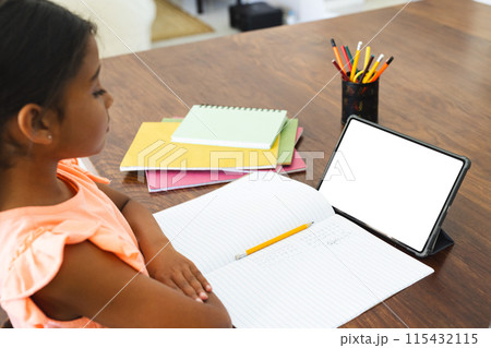 Biracial girl studying at home using a laptop, with copy space Biracial girl studying at home using a laptop, with copy space 115432115