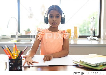 Biracial girl studies at home on a video call, engaged in online learning 115432119