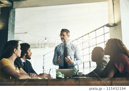 Laptop, people or businessman in presentation for talking, problem solving or solution in meeting. Leadership, workshop or mentor teaching in team training, coaching class or learning opportunity 115432194