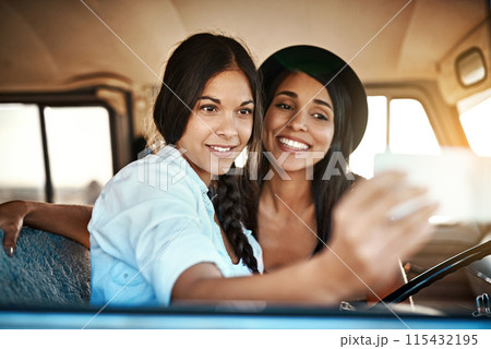 Woman, friends and travelling selfie in caravan, smartphone and social media post on vacation road trip in summer. Profile picture, happy memory and smiling on weekend adventure, journey and capture 115432195