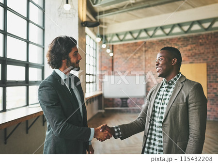 Business people, meeting shaking hands for introduction, welcome or collaboration of startup in corporate real estate. Professional realtor and client success of property and building or office space 115432208