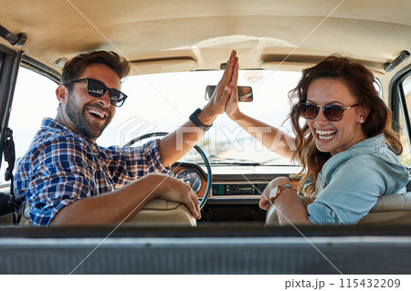 Vehicle, high five and couple in portrait for travel, road trip and destination achievement. Car, transport and married people with hand gesture for journey goal, adventure or vacation location 115432209