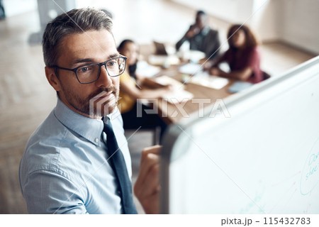 Whiteboard, teacher or businessman in workshop for solution, problem solving or teaching in meeting. Manager, presentation or leader talking in team training, coaching class or learning opportunity 115432783