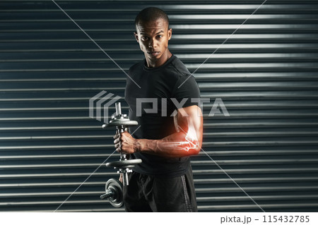 Black Man, portrait and weights for body injury with red glow, exercise and fitness for arm x ray. Male model, training and muscles for strong athlete, bodybuilder and dumbells for workout in studio 115432785