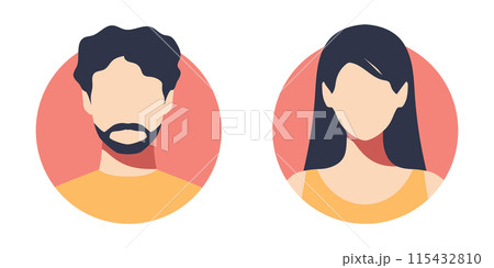 Abstract female and male faceless portraits, avatars or anonymous profiles. Woman and man face icons. Vector illustration 115432810