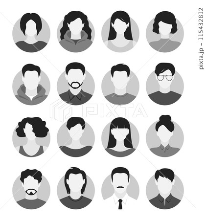 Abstract female and male faceless portraits. Set of woman and man face silhouettes suitable for anonymous profiles, avatars or abstract gender icons. Vector illustration 115432812