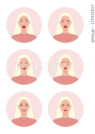 Woman with different facial expressions. Young blond girl is confusing, crying, smiling, scared, angry and laughing. Vector illustration 115432817