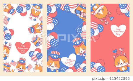Independence Day banners set. Happy patriotic cats in clothes and accessories with balloons in colors of American flag. Holiday cartoon kawaii character. Isolated vertical vector illustration. Independence Day banners set. Happy patriotic cats in clothes and accessories with balloons in colors of American flag. Holiday cartoon kawaii character. Isolated vertical vector illustration. 115432896