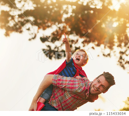 Father, child and piggyback in garden for games, family and happiness in countryside for holiday. Man, kid and support in backyard for learning, growth and development with care, smile and sunshine Father, child and piggyback in garden for games, family and happiness in countryside for holiday. Man, kid and support in backyard for learning, growth and development with care, smile and sunshine 115433034