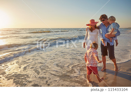 Sand, holiday and walking for family, beach and bonding in trip, fun and outdoor in California. Sea, peace and children with parents, waves and water of ocean, relax and man with woman together Sand, holiday and walking for family, beach and bonding in trip, fun and outdoor in California. Sea, peace and children with parents, waves and water of ocean, relax and man with woman together 115433104