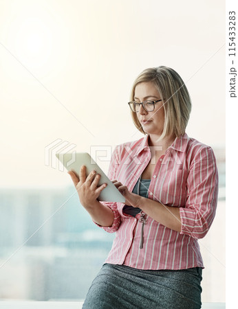 Reading, psychologist and woman with tablet in office for schedule appointment, email or calendar update. Mental health, support and therapist for review notes, treatment plan or client diagnosis 115433283