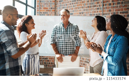 Business people, manager and applause for celebration in presentation with company growth or target achievement. Group, professional employees or clapping hands for success or victory at team meeting Business people, manager and applause for celebration in presentation with company growth or target achievement. Group, professional employees or clapping hands for success or victory at team meeting 115433574