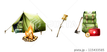 Campfire, camping axe, hiking and camping backpack, rolled up blanket and sleeping bag in green camping tent, roasted marshmallows on a stick, first aid kit, marine compass. Watercolor isolated Campfire, camping axe, hiking and camping backpack, rolled up blanket and sleeping bag in green camping tent, roasted marshmallows on a stick, first aid kit, marine compass. Watercolor isolated 115433585