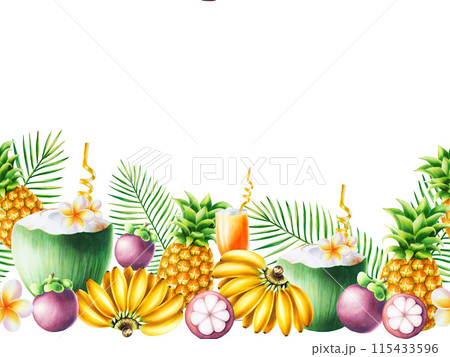 Tropical seamless frame with glass goblet with orange cocktail, coconut with gold tube for drinks and orchid flowers, mangosteens, bananas, pineapples and palm leaves. Watercolor ripe fruits Tropical seamless frame with glass goblet with orange cocktail, coconut with gold tube for drinks and orchid flowers, mangosteens, bananas, pineapples and palm leaves. Watercolor ripe fruits 115433596