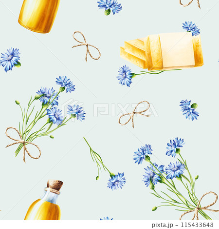 Watercolor seamless pattern with oil glass bottle with cork cap and natural handmade soap with cornflowers isolated on background. Beauty products and botany elements, cosmetology and medicine. For 115433648