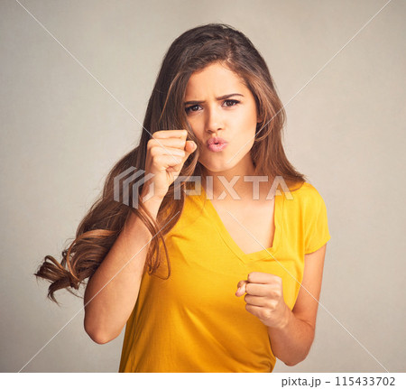 Fist, equality and portrait of woman in studio for human rights, protest and female empowerment. Power, justice and angry with gesture of fight for activism, change and strength on white background 115433702