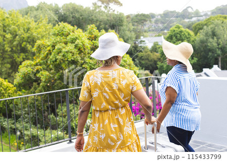 Senior African American woman and senior biracial woman enjoy a sunny balcony view on vacation 115433799