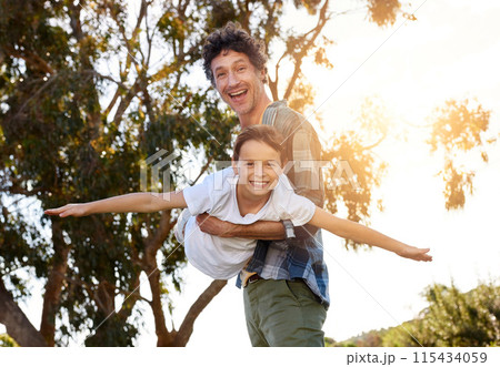 Airplane, portrait or father and son in park with fun, games or bonding on sunset adventure in nature together. Flying, support or excited boy child with dad in a forest for learning, balance or love 115434059
