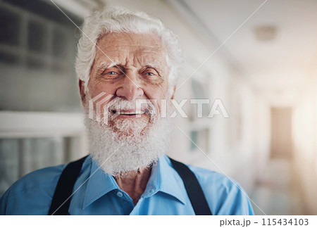 Nursing home, smile and portrait of elderly man with pension, satisfaction and peace in retirement. Calm, senior person and face with happiness for wellness, confidence and weekend at hospice 115434103