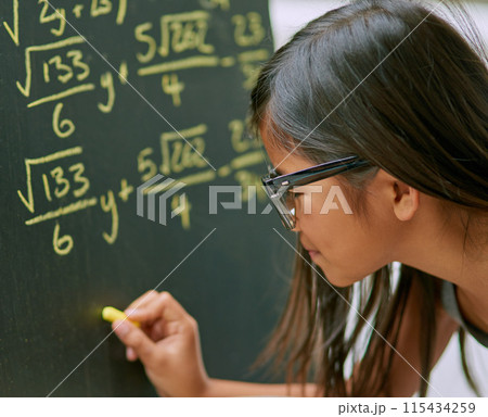Girl, writing solution and blackboard with chalk as genius for learning, education and childhood development. Student, child and classroom for tuition, growth and knowledge in assessment for math Girl, writing solution and blackboard with chalk as genius for learning, education and childhood development. Student, child and classroom for tuition, growth and knowledge in assessment for math 115434259