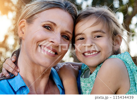 Mother, girl and park with smile for wellness on vacation, family bonding with trust. Woman, child and together in nature with portrait and happiness, growth and development on holiday in England Mother, girl and park with smile for wellness on vacation, family bonding with trust. Woman, child and together in nature with portrait and happiness, growth and development on holiday in England 115434439