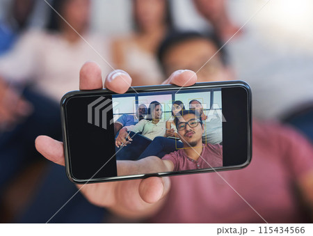 People, friends and screen with selfie on cellphone for memory, millennial blog and content creation with happiness for youth. Smartphone, hand and bonding with photography, live streaming and indoor 115434566