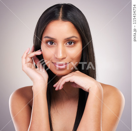 Woman, portrait and happy in studio for hair care, beauty and luxury salon treatment on white background. Girl, face and confidence with healthy texture, growth and hairstyle for wellness with smile Woman, portrait and happy in studio for hair care, beauty and luxury salon treatment on white background. Girl, face and confidence with healthy texture, growth and hairstyle for wellness with smile 115434754