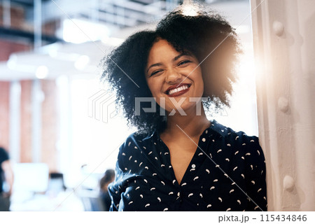 Portrait, happy and business woman at office for career or job at creative startup company. Face, entrepreneur and smile of confident professional employee, worker or editor with flare in Brazil 115434846