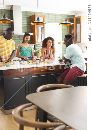Diverse group of friends enjoys a conversation in a modern kitchen with copy space 115434978