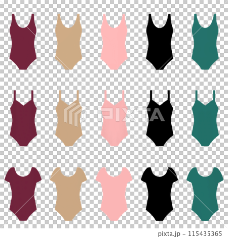 Illustrations of leotards with various neckline and sleeve shapes Illustrations of leotards with various neckline and sleeve shapes 115435365