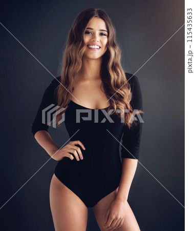 Fashion, smile and woman in studio with leotard for bodysuit, underwear or ballet costume on dark background. Dancer, aesthetic and model with pride for happiness, retro or ballerina style on mockup 115435633