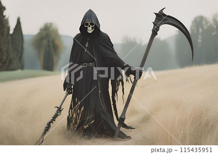 野外で鎌を持って立つ黒装束の死神 115435951