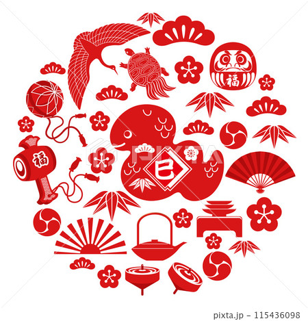 巳年の年賀状素材　円形の年賀シンボル 115436098