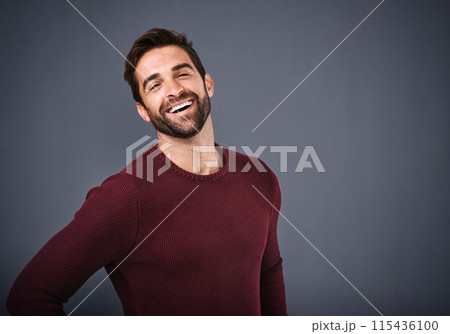 Studio, happy and portrait of man, fashion and confidence in mockup space, pride and jersey for winter. Gray background, face and person in Miami, smile and comfortable in clothes, joy and sweater 115436100