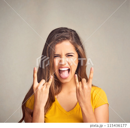 Woman, portrait and hand gesture with rock n roll in studio for grunge sign, rockstar or devil horns on white background. Crazy, aesthetic and female model for emoji, punk icon or rebel symbol 115436177