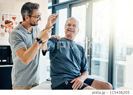 Physiotherapy, chiropractor and happy old man with arm pain for rehabilitation, consulting and exercise. Healthcare, physical therapy and person with patient for medical service, wellness and support 115436205