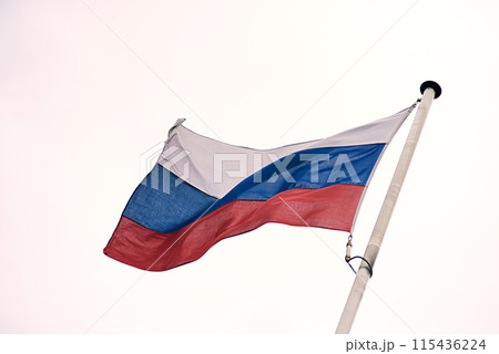 Russian, flag and sky for country symbol and patriotic, wind and culture on pole. Politics, war or government for crime and conflict in warzone, change and justice or peace for Soviet Union or Moscow 115436224