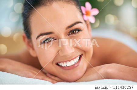 Massage, portrait and smile with woman in salon to relax for health, peace or wellness. Beauty, calm and stress relief with face of happy client in clinic or salon of resort for natural treatment Massage, portrait and smile with woman in salon to relax for health, peace or wellness. Beauty, calm and stress relief with face of happy client in clinic or salon of resort for natural treatment 115436257