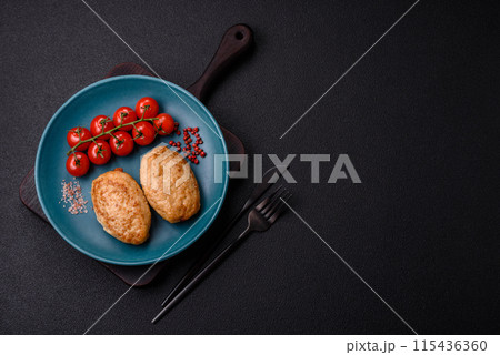 Delicious fresh fried minced cutlets with spices and herbs 115436360