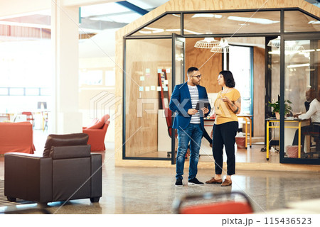 Discussion, tablet and business people in startup for planning, online networking and internet. Creative office, teamwork and man and woman on digital tech for research project, website and meeting 115436523