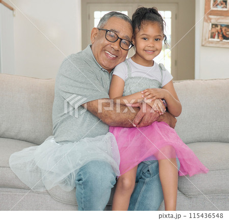 Grandfather, granddaughter and portrait with hug, love and relax in home as family for bonding. Elderly man, girl and smile in living room with trust, care and skirt on sofa for happiness and fun Grandfather, granddaughter and portrait with hug, love and relax in home as family for bonding. Elderly man, girl and smile in living room with trust, care and skirt on sofa for happiness and fun 115436548