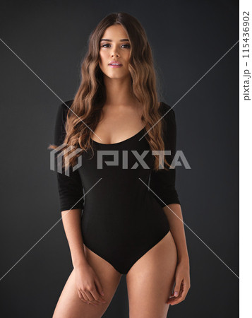 Fashion, confident and woman in studio with leotard for bodysuit, underwear or ballet costume on dark background. Dancer, aesthetic and model for happiness, retro or ballerina style on mockup Fashion, confident and woman in studio with leotard for bodysuit, underwear or ballet costume on dark background. Dancer, aesthetic and model for happiness, retro or ballerina style on mockup 115436902