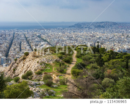Aerial view on the Athens City, Greece, from the Philopappos Hills 115436965