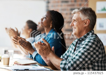 Business people, happy and applause for success in seminar with company growth and target achievement. Audience, professional employees or clapping hands for celebration or victory at team conference Business people, happy and applause for success in seminar with company growth and target achievement. Audience, professional employees or clapping hands for celebration or victory at team conference 115437025