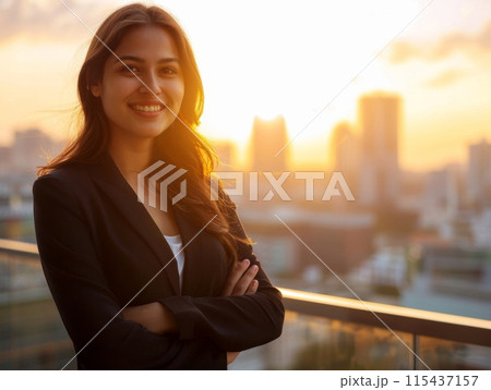 A confident businesswoman, standing on rooftop with cityscape in background during beautiful sunset 115437157