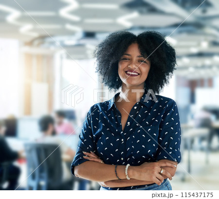 Portrait, smile and business woman with arms crossed for career, job or pride at creative startup company. Face, happy entrepreneur and confident professional employee, worker and graphic designer 115437175