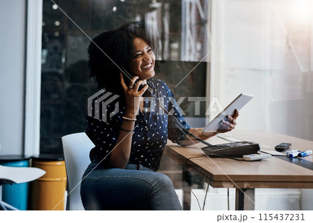 Woman, telephone call and talking with tablet in office, networking or happy for deal at startup. Person, talent consultant or scout with digital touchscreen in negotiation, booking or planning event 115437231