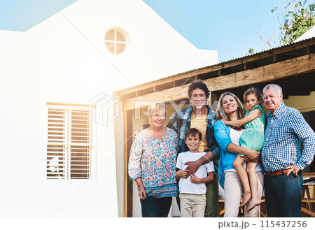 Portrait, family and kids with grandparents in backyard for love relationship, holiday and support together. Women, men and young children outdoor with happiness for summer vacation and sunshine 115437256